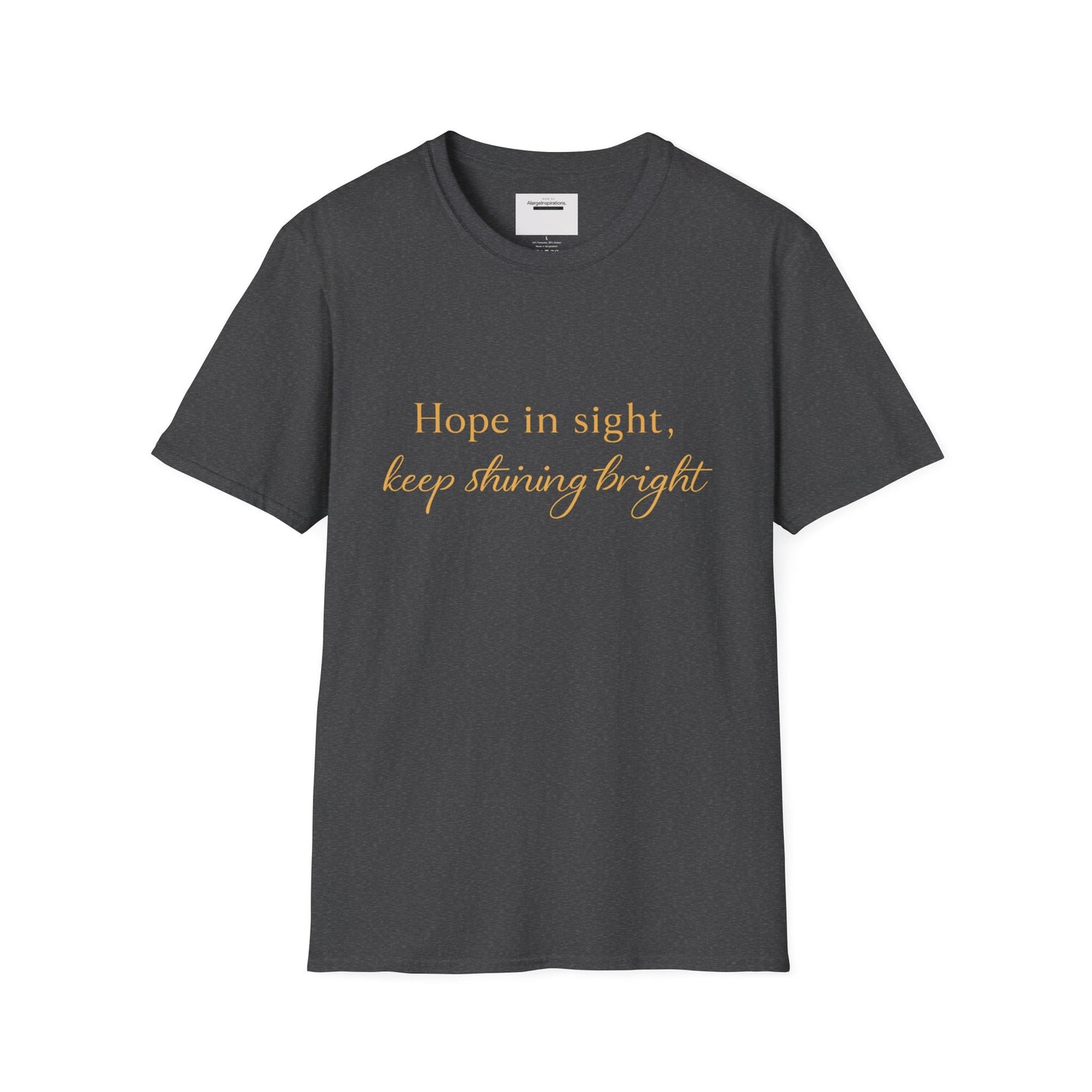 Hope in Sight Keep Shining Bright T-Shirt | Inspirational Faith Quote Shirt | Minimal Gold Typography Tee | Inspirational Script Tee