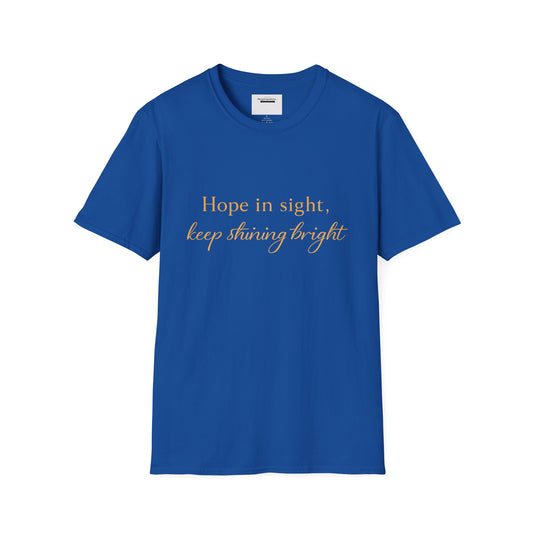 Hope in Sight Keep Shining Bright T-Shirt | Inspirational Faith Quote Shirt | Minimal Gold Typography Tee | Inspirational Script Tee