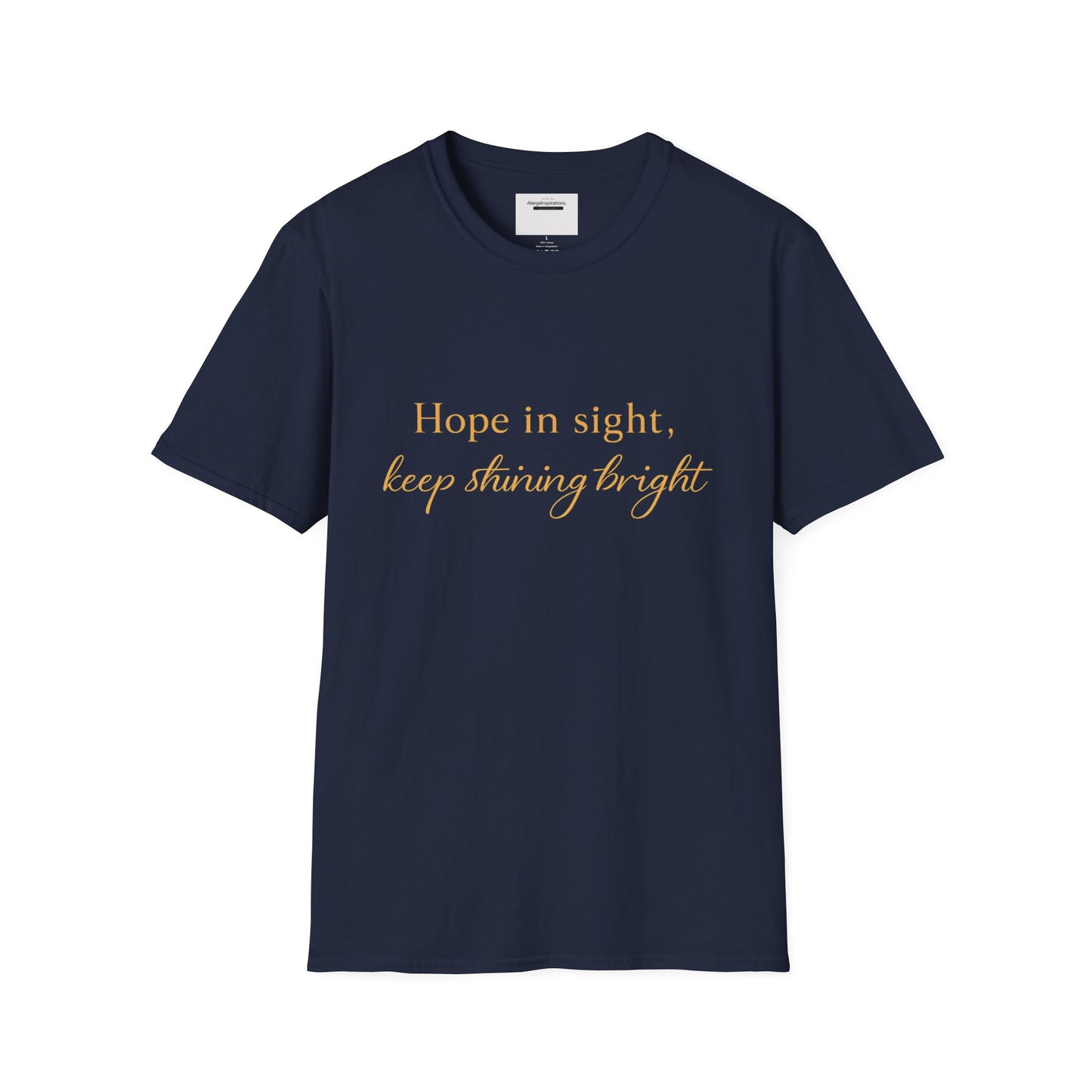 Hope in Sight Keep Shining Bright T-Shirt | Inspirational Faith Quote Shirt | Minimal Gold Typography Tee | Inspirational Script Tee