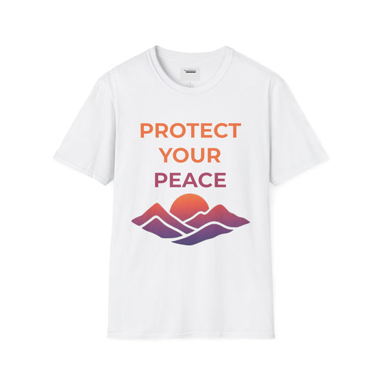 Mindfulness & Nature-Unisex Softstyle T-Shirt ,Protect Your Peace Mountain Sunset Tee, Self-Care Gift, Gift for Nature Lovers, Meditation,