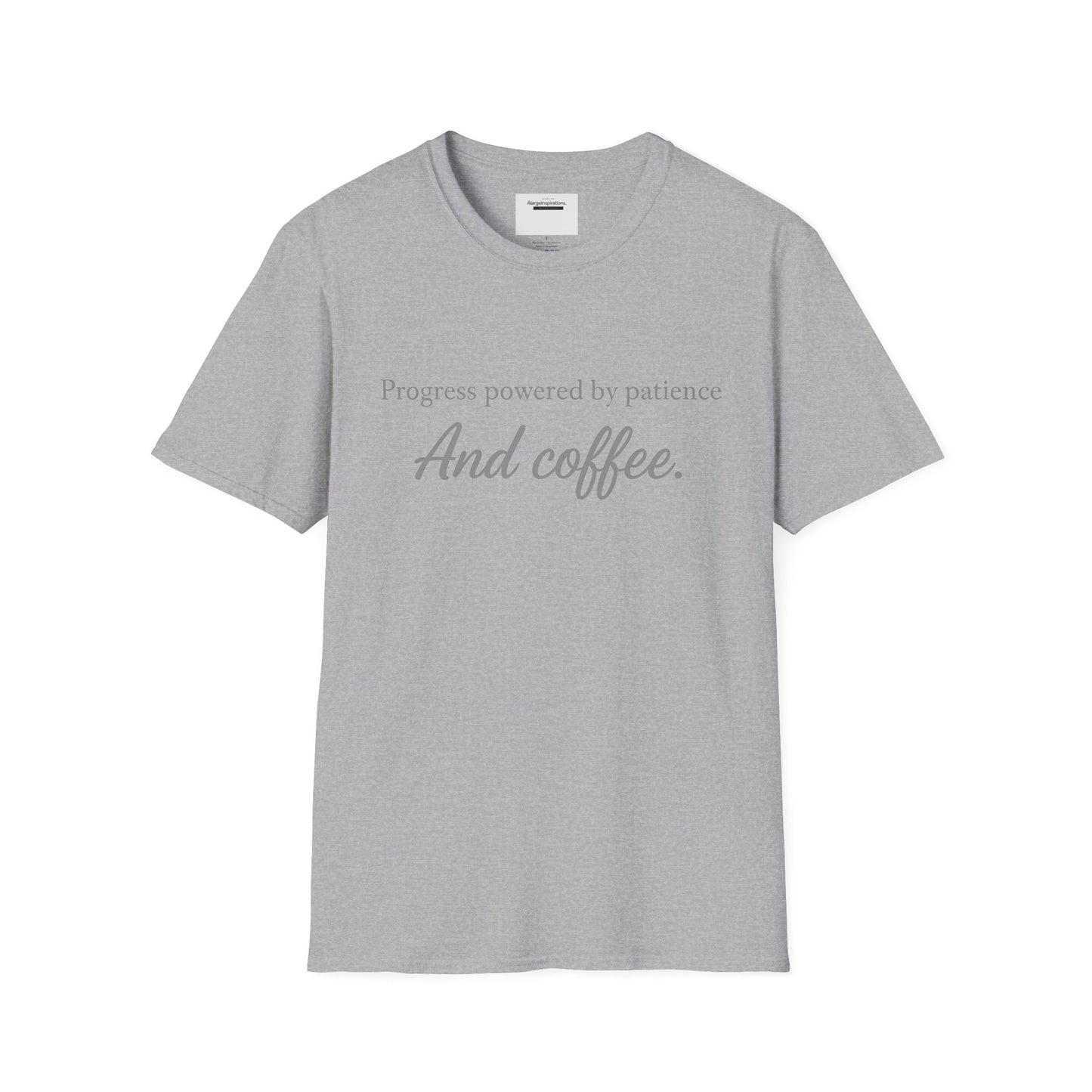 Progress Powered by Patience And Coffee T-Shirt | Sarcastic Motivational Tee | Coffee Lover Shirt | Minimal Quote Apparel | Funny Work wear