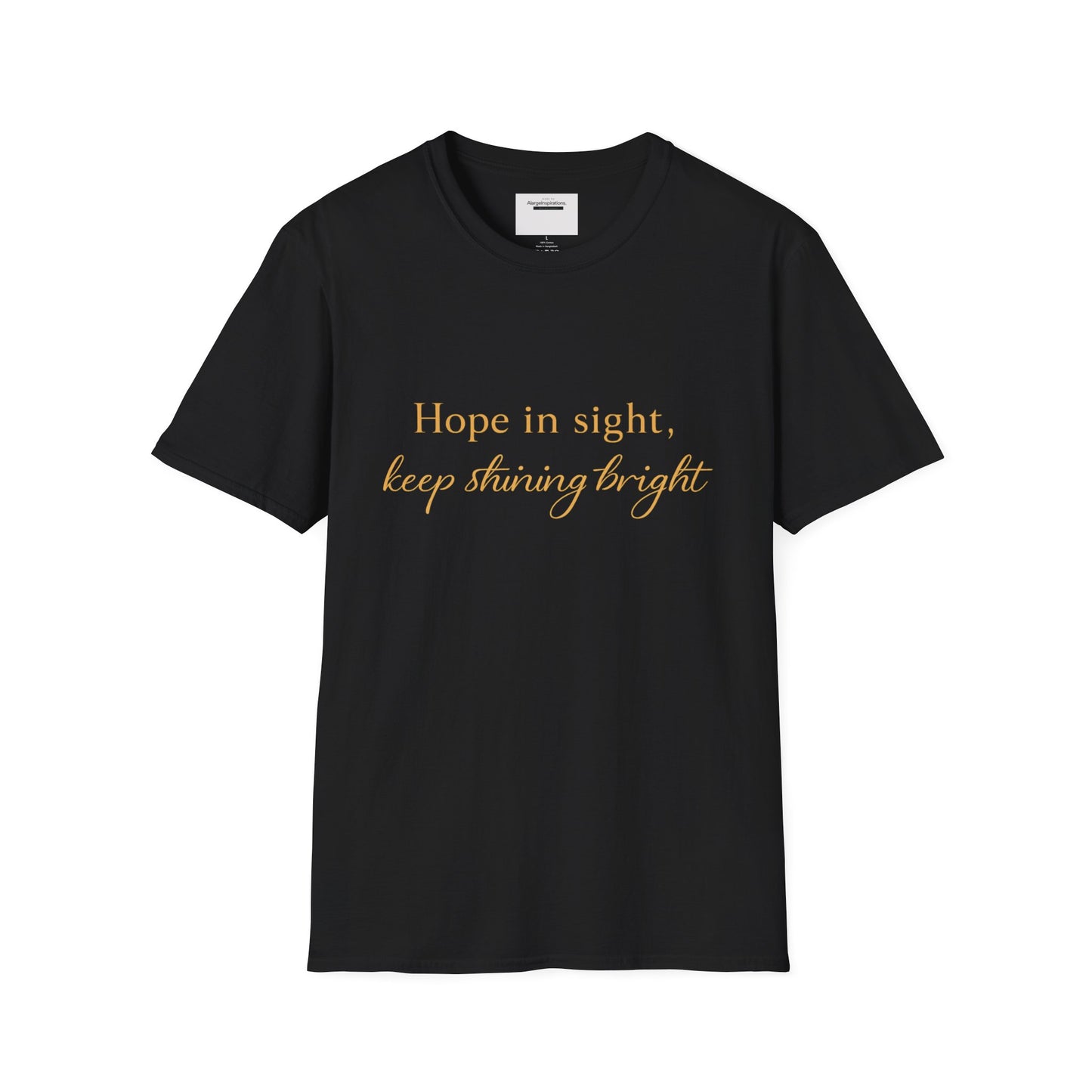 Hope in Sight Keep Shining Bright T-Shirt | Inspirational Faith Quote Shirt | Minimal Gold Typography Tee | Inspirational Script Tee