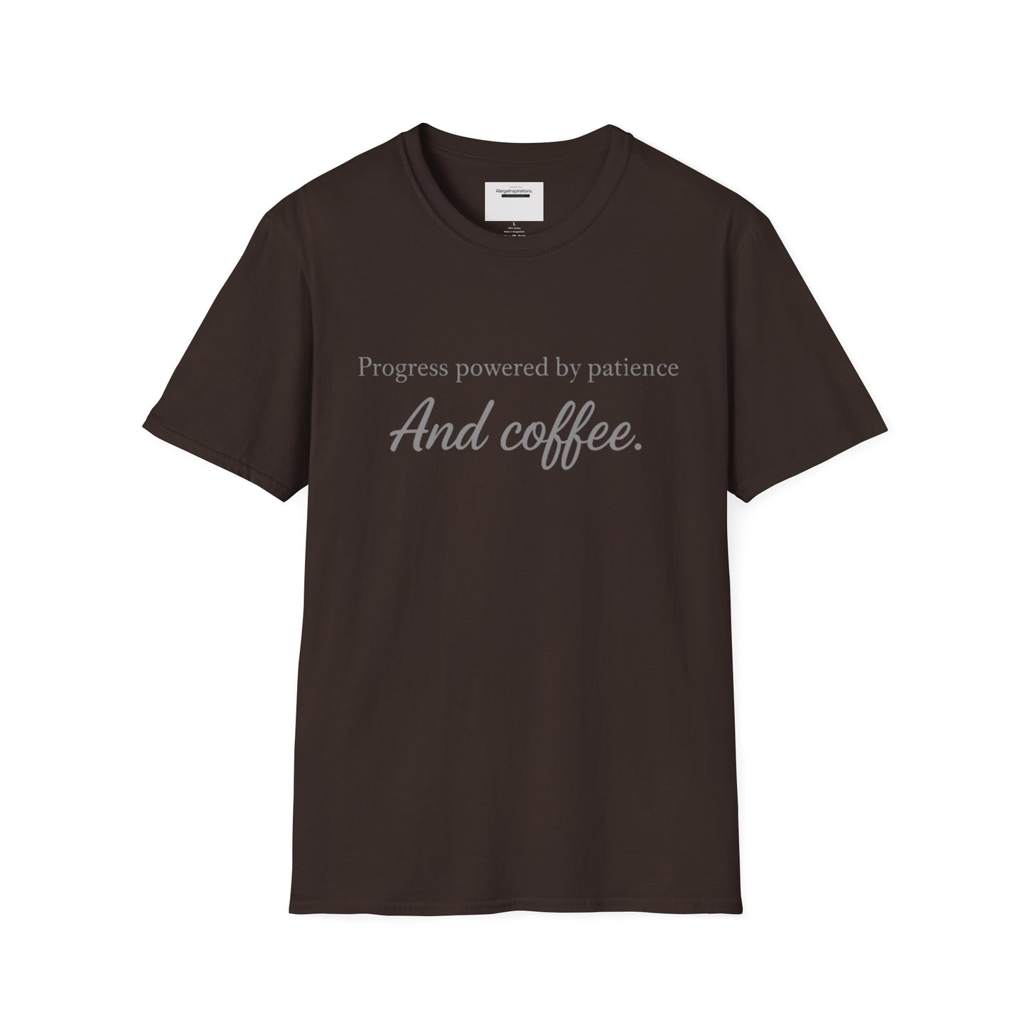 Progress Powered by Patience And Coffee T-Shirt | Sarcastic Motivational Tee | Coffee Lover Shirt | Minimal Quote Apparel | Funny Work wear